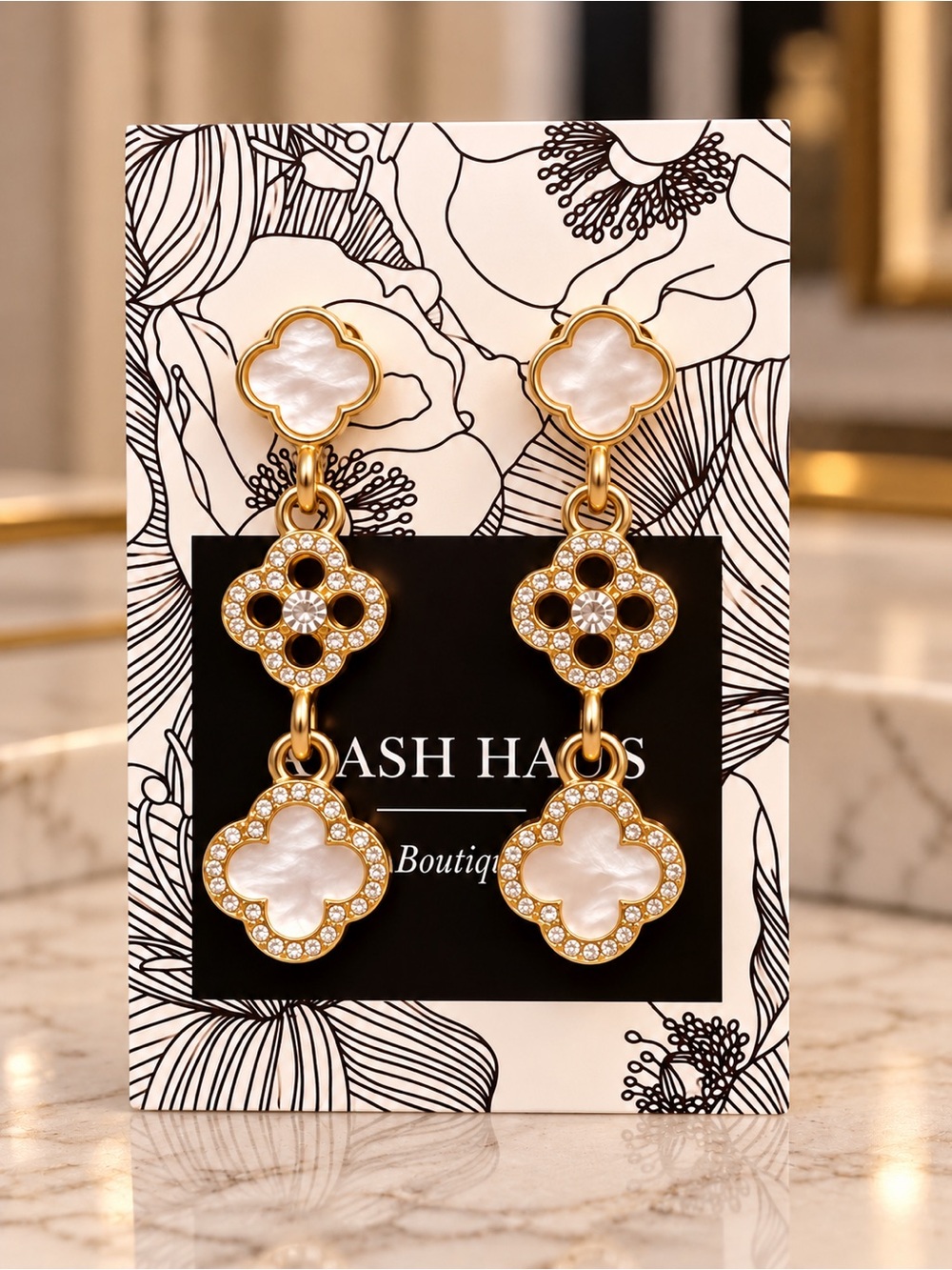 Gold and White Clover Drop Earrings